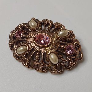 Vintage Gold Tone With Pink Stones Oval Shaped Brooch